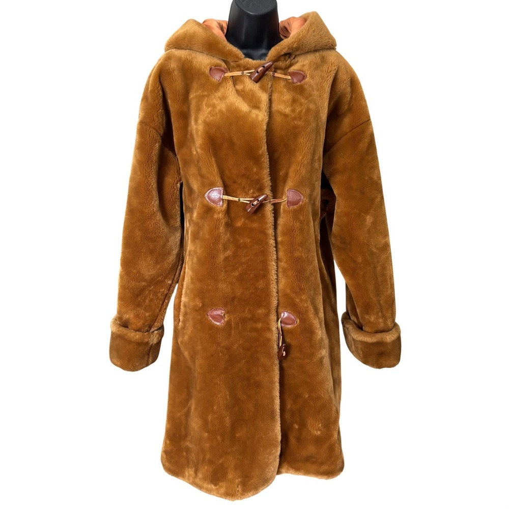 Vintage 80s Saks Fifth Ave Faux Fur Duffle Coat Sz L Caramel Brown Made in USA